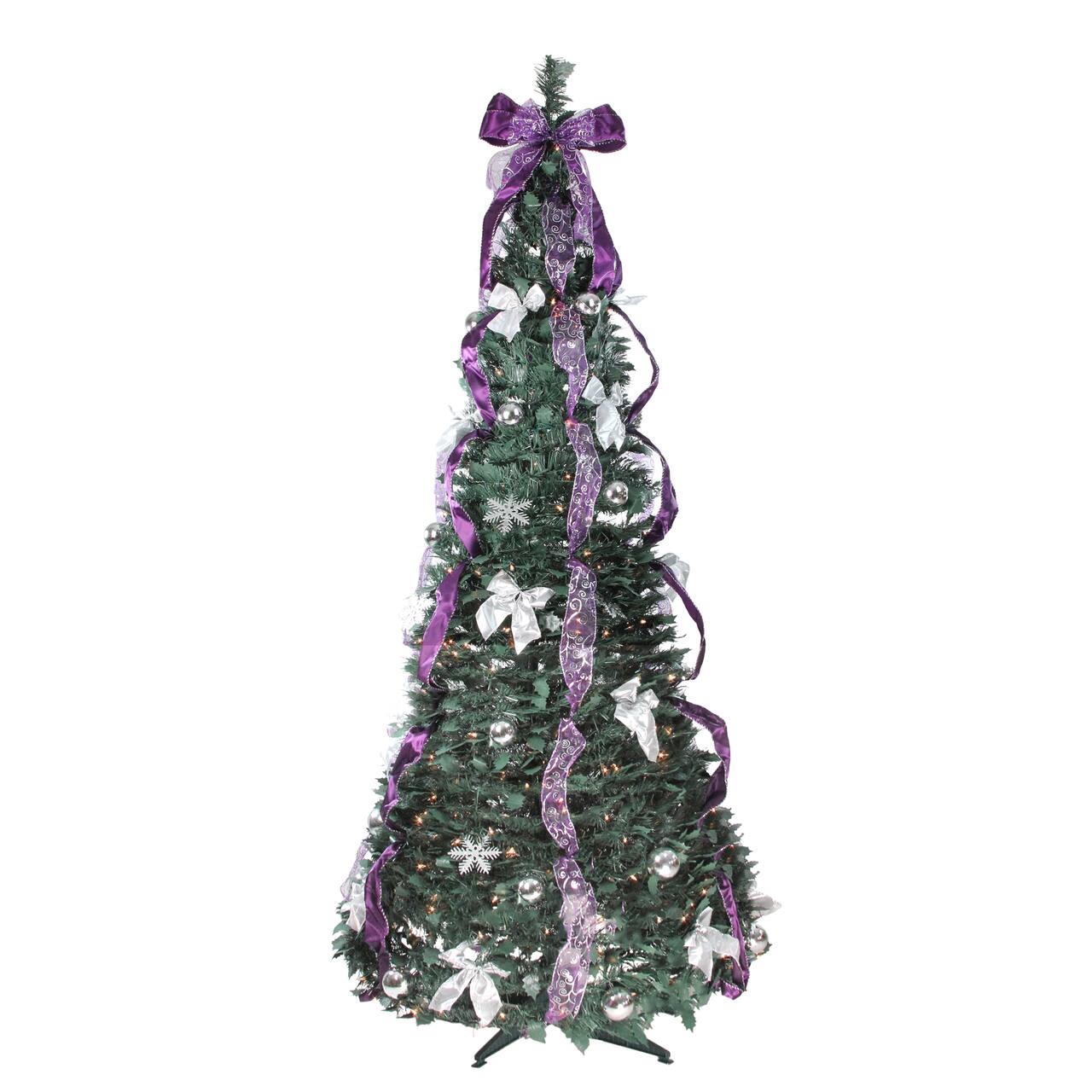 6ft. Pre-Lit Purple & Silver Pre-Decorated Pop-Up Artificial Christmas Tree, Clear Lights